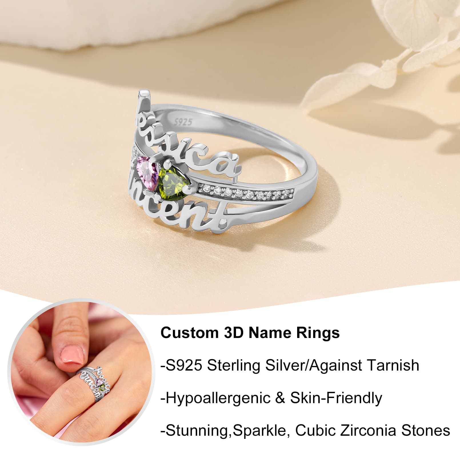 Custom Name 2-Stone Heart Birthstone Rings Sterling Silver – BIRTHSTONES  JEWELRY INC